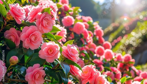 Pink camellias in full bloom on a sunny garden hillside