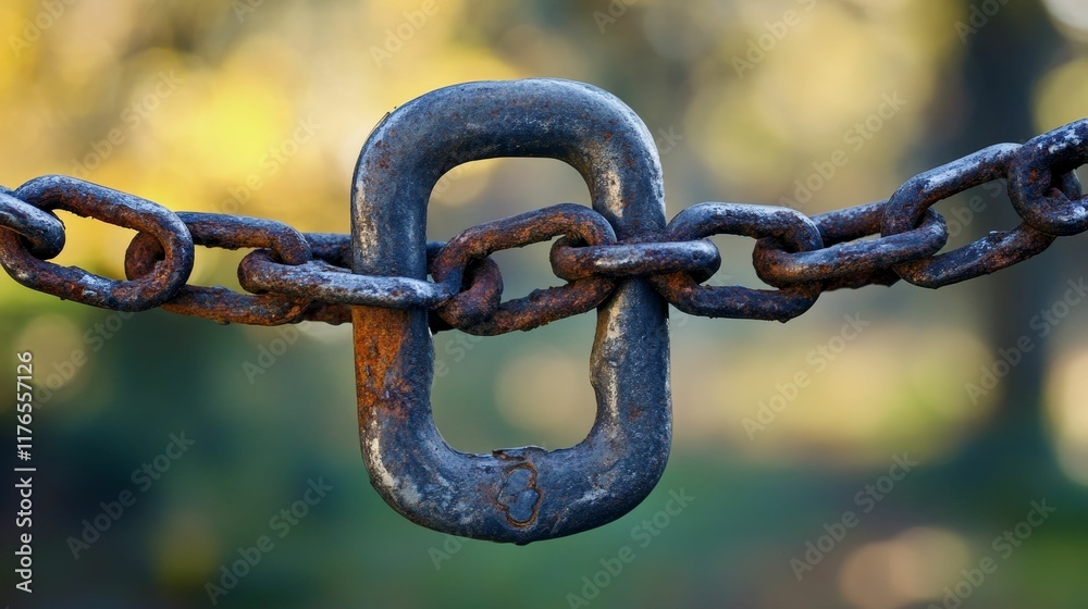 Rusty chain links through metal loop, blurred background. Rusty chain links through metal loop, blurred background.