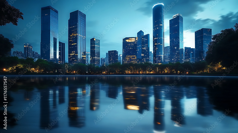 Naklejka premium Modern Skyscrapers Reflecting in Urban Night. created with Generative AI technology