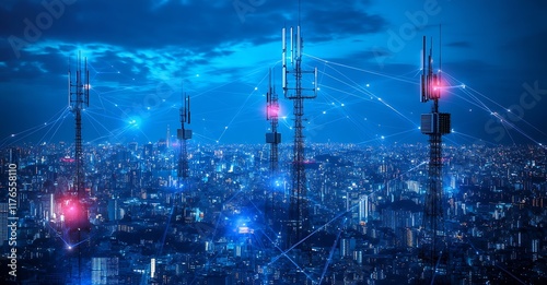City skyline with communication towers connecting through digital networks at night : Generative AI