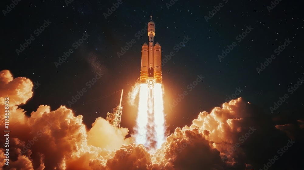 Naklejka premium A rocket launching into space, surrounded by clouds and flames, symbolizing exploration.
