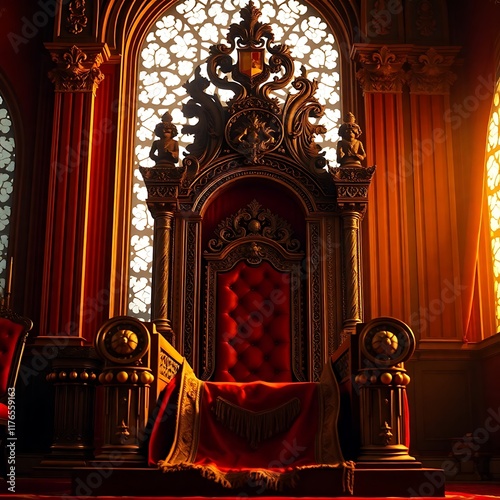 Ornate golden throne, Gothic cathedral interior, Stained glass window, Red velvet cushions, Dramatic lighting, Regal atmosphere, photo