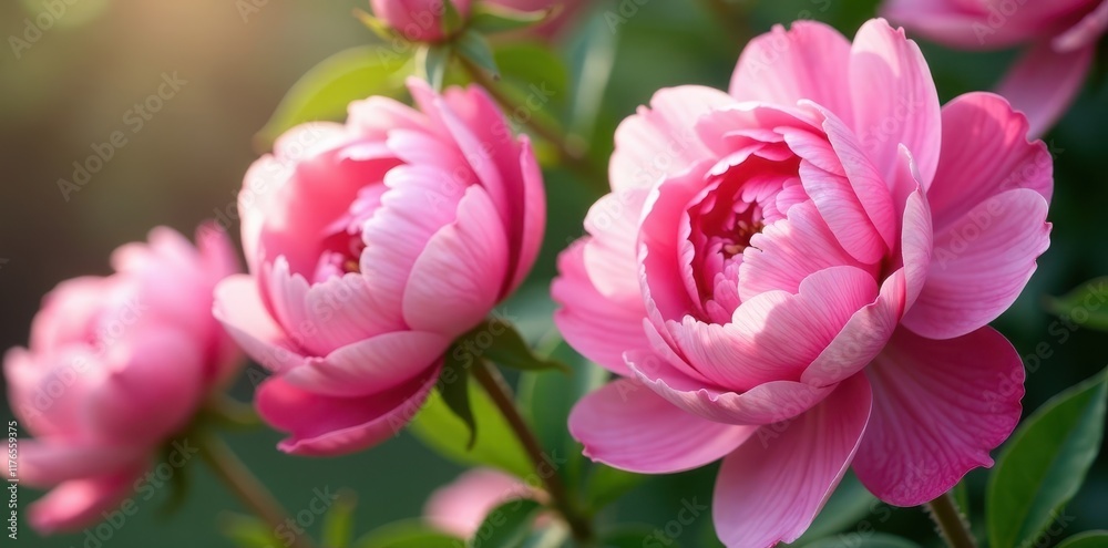 Fototapeta premium Fresh pink peony and rose blossoms Close-up, ample copy space , floral design, nature, vibrant