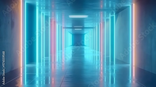 Abstract futuristic empty corridor with blue neon lights and concrete floor, creating a sci-fi inspired atmosphere. Minimalistic design suitable as a background for cinematic or digital creative proje photo