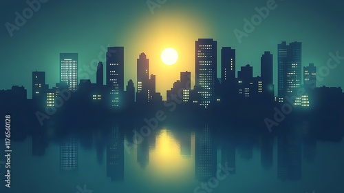 Night Cityscape Reflection Stunning urban skyline reflected in calm water at sunset,ideal for websites,backgrounds