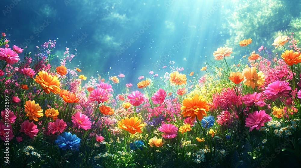 Fototapeta premium many kindness,colorful,difference flower in futher forest,more detailed,in hill slope,illustration --chaos 20 --ar 16:9 --stylize 450 --v 6.1 Job ID: 56d922c7-0260-47f2-bf45-54333ca5a343