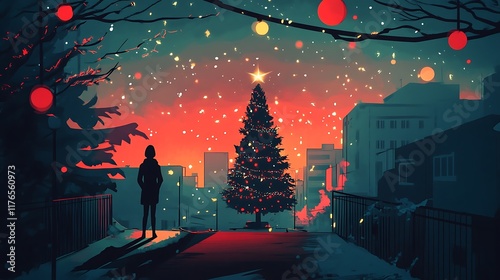 Solitude and Christmas Eve A Contemplative Woman Silhouetted Against a Festive Cityscape,Ideal for Holiday Greeting Cards,Social Media Posts