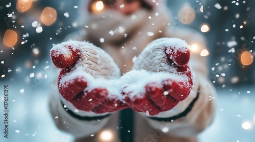 Close up of Womans Hands Holding Freshly Fallen Snow,Winter Wonderland Scene,Perfect for Holiday Cards