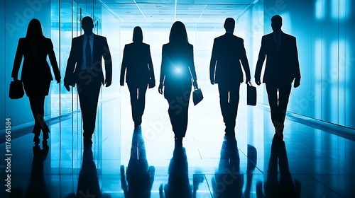 Silhouette of Business People Walking in Modern Office Building Corporate Success and Teamwork Concept