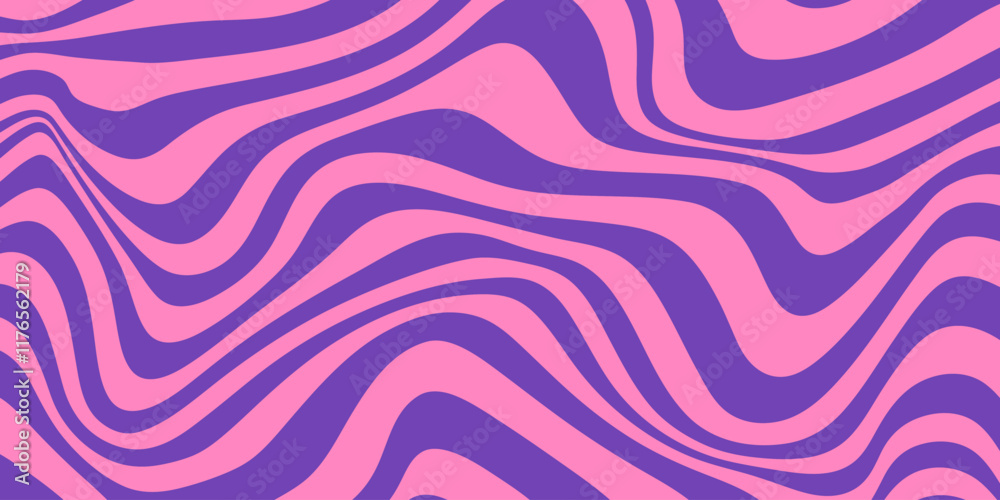 Abstract monochrome horizontal background with dynamic waves. Trendy vector illustration in style retro 60s, 70s. Pink and purple colors