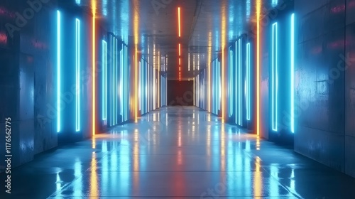 Abstract futuristic empty corridor with blue neon lights and concrete floor, creating a sci-fi inspired atmosphere. Minimalistic design suitable as a background for cinematic or digital creative proje photo