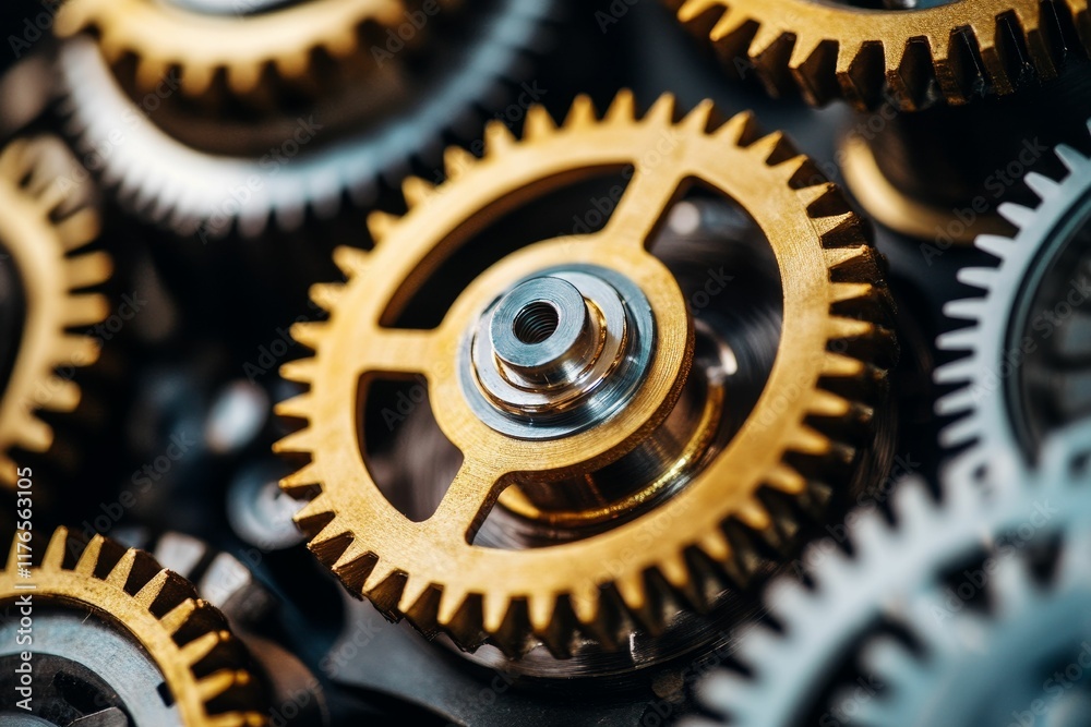 Interlocking metal gears, intricate mechanism. Interlocking metal gears, intricate mechanism.