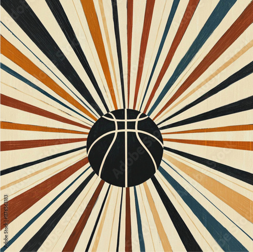 aminimalist abstract art piece featuring a glowing realistic,professional looking orange basketball , black grooves at the center, radiating thin, evenly spaced lines outward like a sunburst basketbal photo