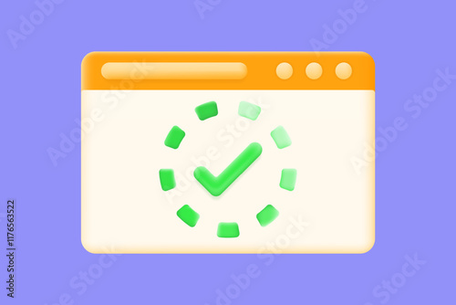 3D web browser illustration with a green checkmark and progress, loading, indicator. success notifications, task completion, and user-friendly UI designs photo