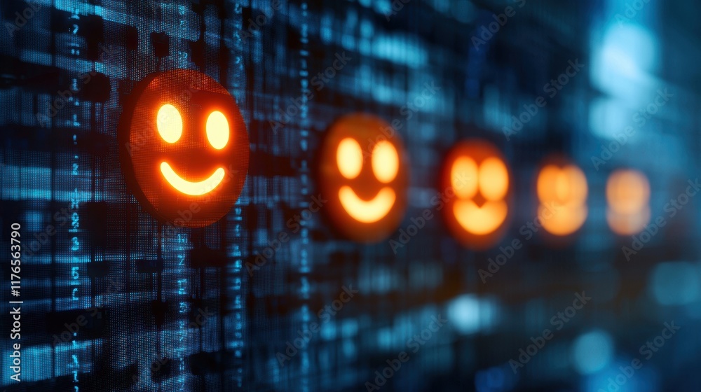 Naklejka premium Futuristic digital display with glowing smiley faces on a data matrix background