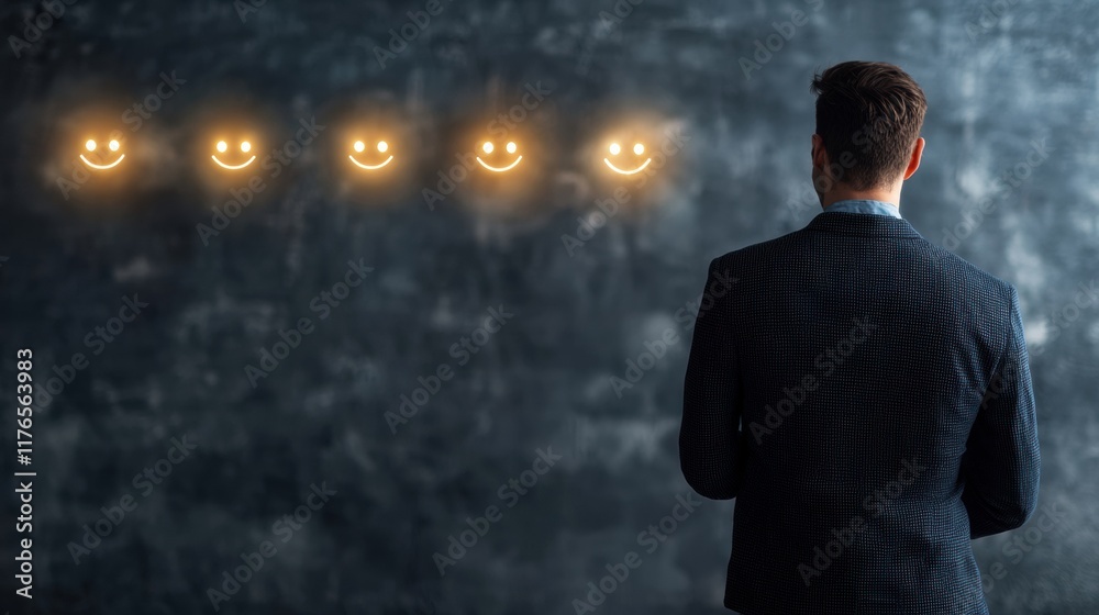 Fototapeta premium Businessman Evaluating Customer Feedback with Lighted Smiley Faces on Wall