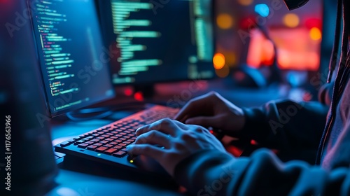 Focused Programmer Working Late at Night A Stock Photo for Technology, Cybersecurity, and Software Development Concepts