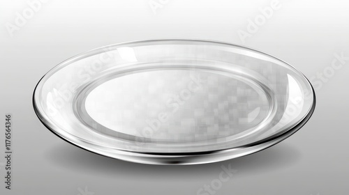 A clear glass plate with a smooth surface, suitable for serving food or decorative purposes.