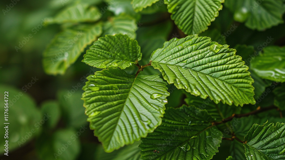 Close-up of fresh leaves with water droplets, vibrant green, macro photography style Close-up of fresh leaves with water droplets, vibrant green, macro photography style