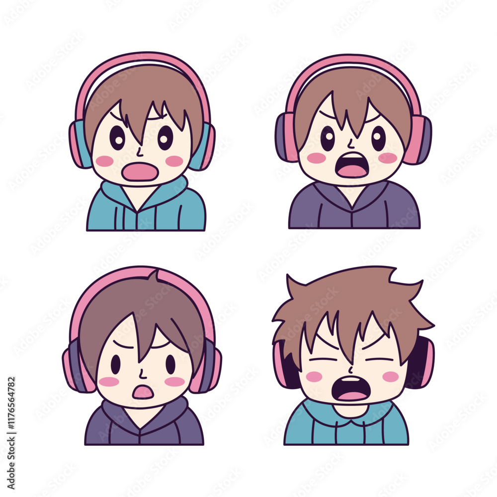 Set of Cute Boy Gamer Anime Cartoon Character Wearing Headset with Shouting Angry Expression Set of Cute Boy Gamer Anime Cartoon Character Wearing Headset with Shouting Angry Expression