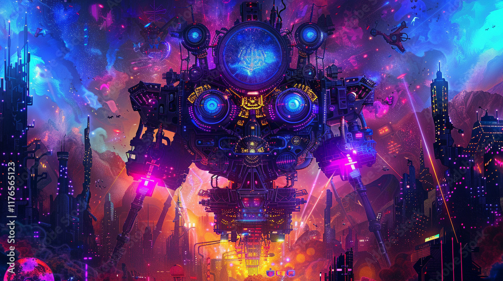 Cyberpunk-inspired robot in a neon-lit city, intricate details, vibrant colors Cyberpunk-inspired robot in a neon-lit city, intricate details, vibrant colors