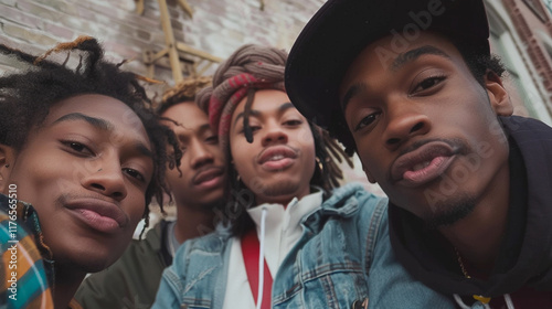 Diverse group of friends taking a selfie in an urban setting, social media moment, youth culture photo