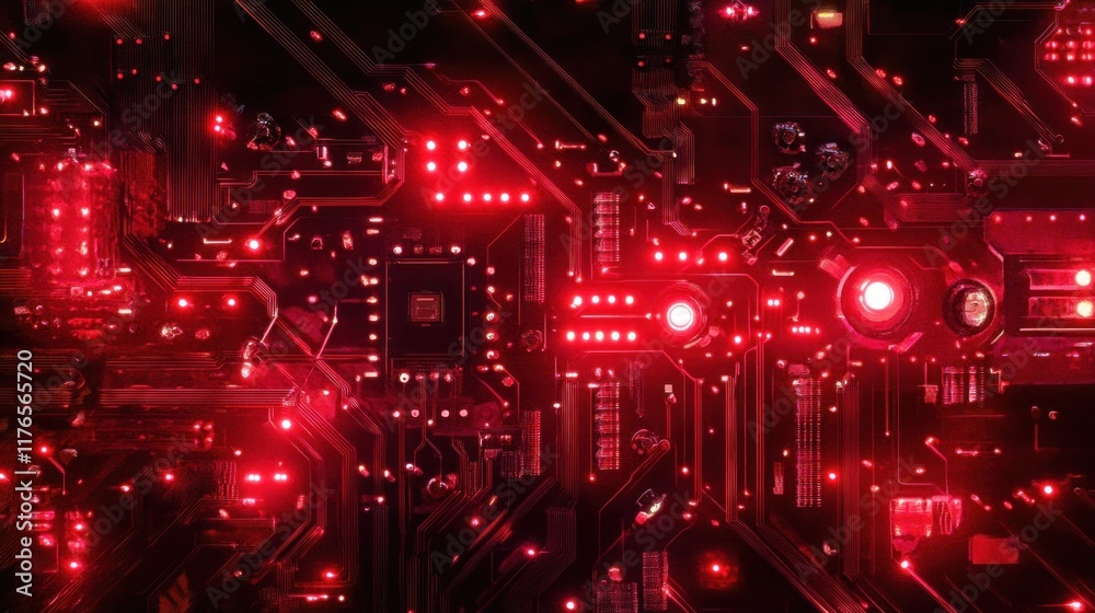 Fototapeta premium A close-up of a circuit board illuminated with red lights, showcasing intricate electronic components.