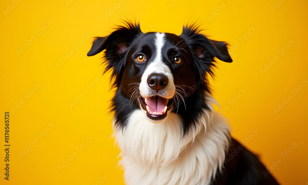 Portrait of a cute young black and white Color Collie dog sitting on a yellow background, Generative Ai Portrait of a cute young black and white Color Collie dog sitting on a yellow background, Generative Ai