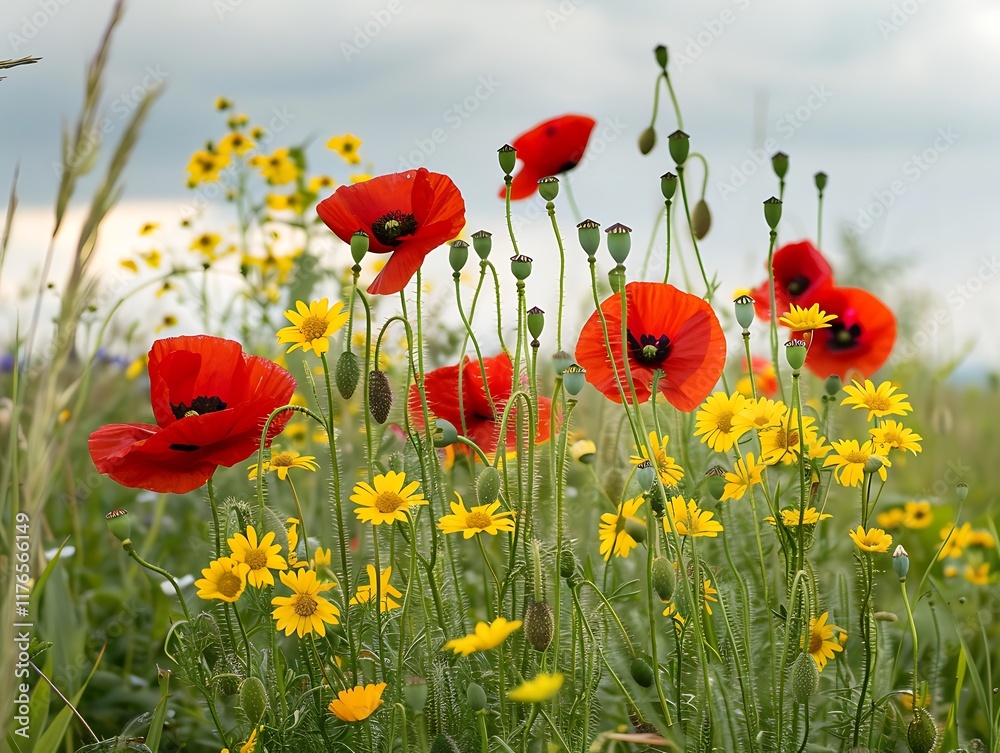 Obraz premium Red poppies and yellow daisies in a wildflower field
