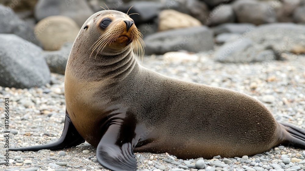Obraz premium A seal resting on a rocky beach, showcasing its sleek fur and relaxed posture.