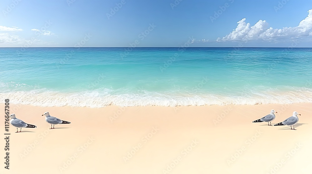 Four seagulls on a pristine beach with turquoise ocean under a bright blue sky. Four seagulls on a pristine beach with turquoise ocean under a bright blue sky.