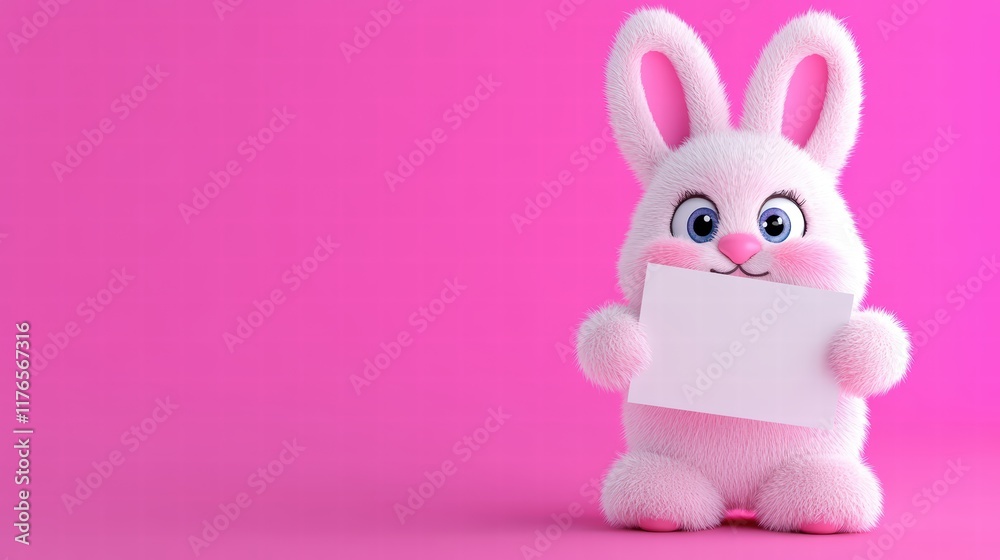 Obraz premium Cute Pink Bunny Holding Blank Sign on Pink Background for Kids