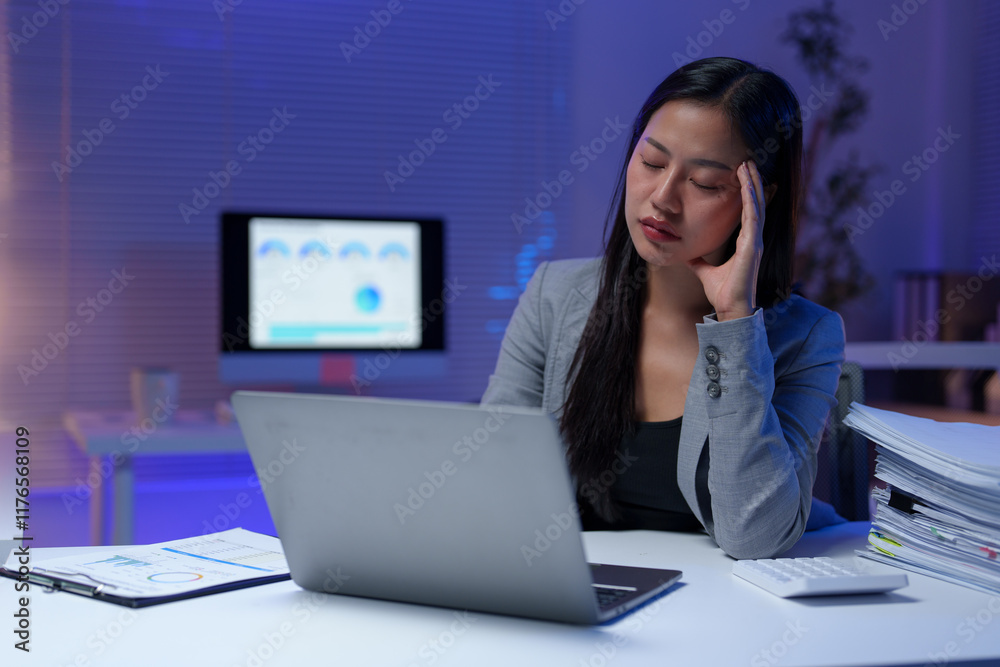Stressed and tired businesswoman having a headache while working late at night in office using laptop, with financial reports and graphs showing on computer screen Stressed and tired businesswoman having a headache while working late at night in office using laptop, with financial reports and graphs showing on computer screen