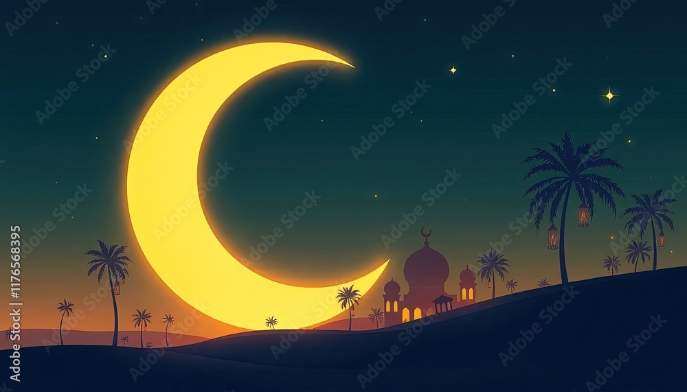 Obraz premium landscape with palm trees, moon and stars
