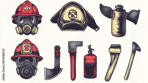 Firefighting icons, heraldic symbols, vector protective helmet and gas mask, fire axe and shovel. Extinguisher, hydrant and fire truck with walkie talkie. Firefighter labels or badge of department set photo