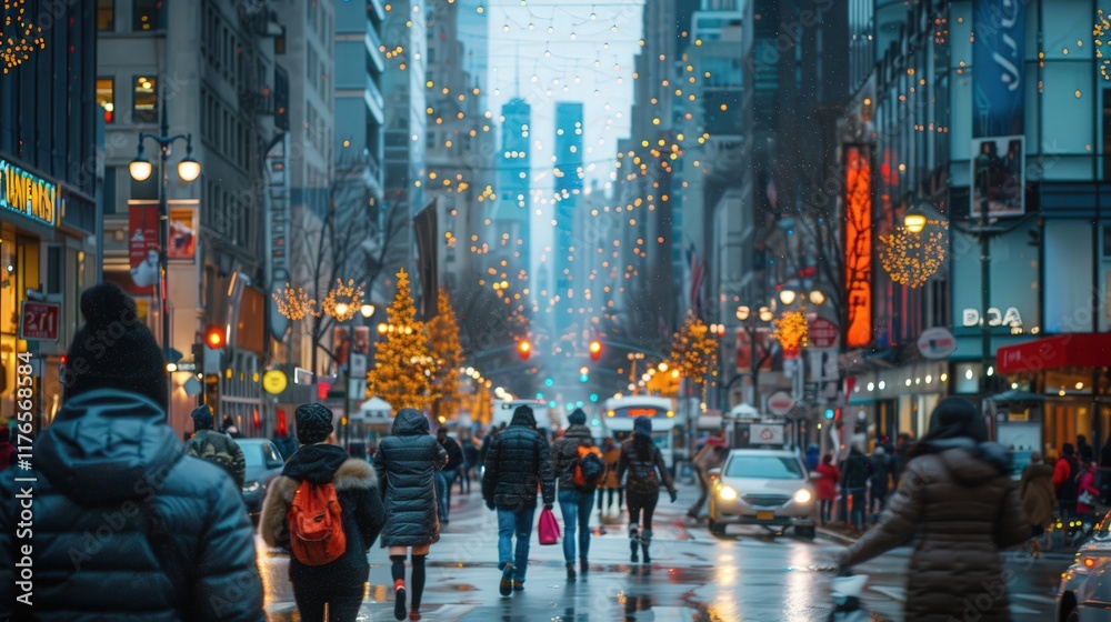 Obraz premium A bustling city street, glistening under a winter's snowfall. Holiday lights twinkle, creating a magical ambiance.