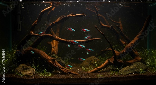 Aquarium Freshwater Fish Cardinal Tetras Iwagumi Aquatic Plants Dark Background photo