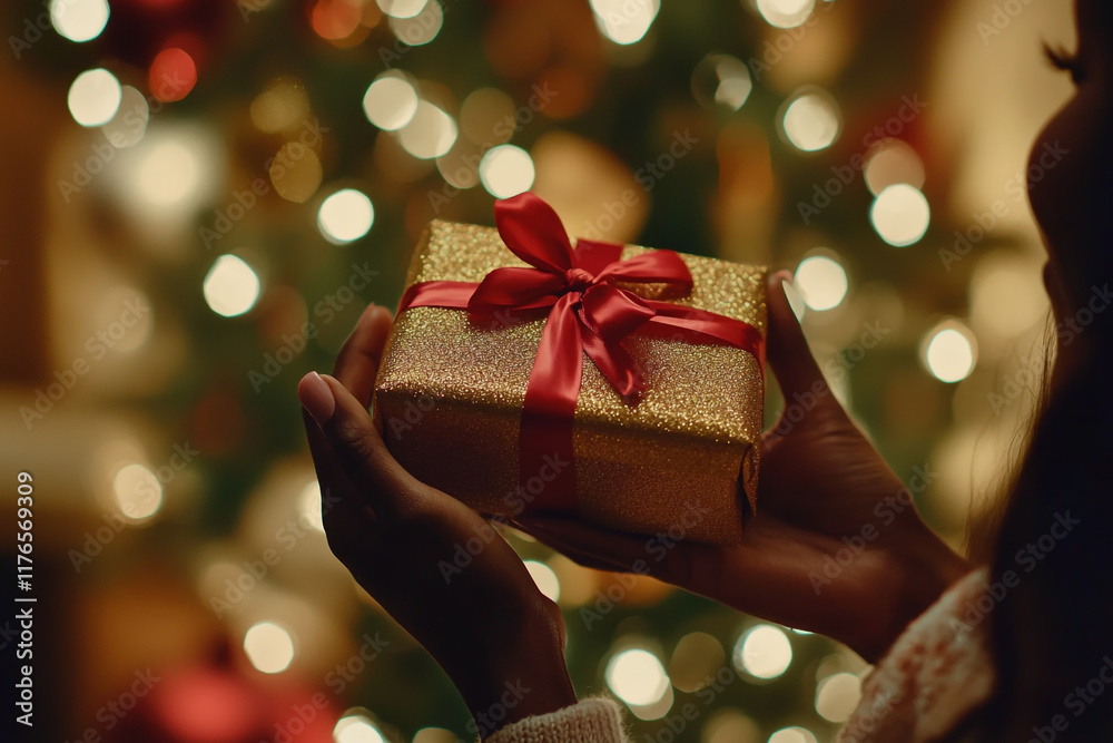 a woman giving a gift to a man during the Christmas season a woman giving a gift to a man during the Christmas season