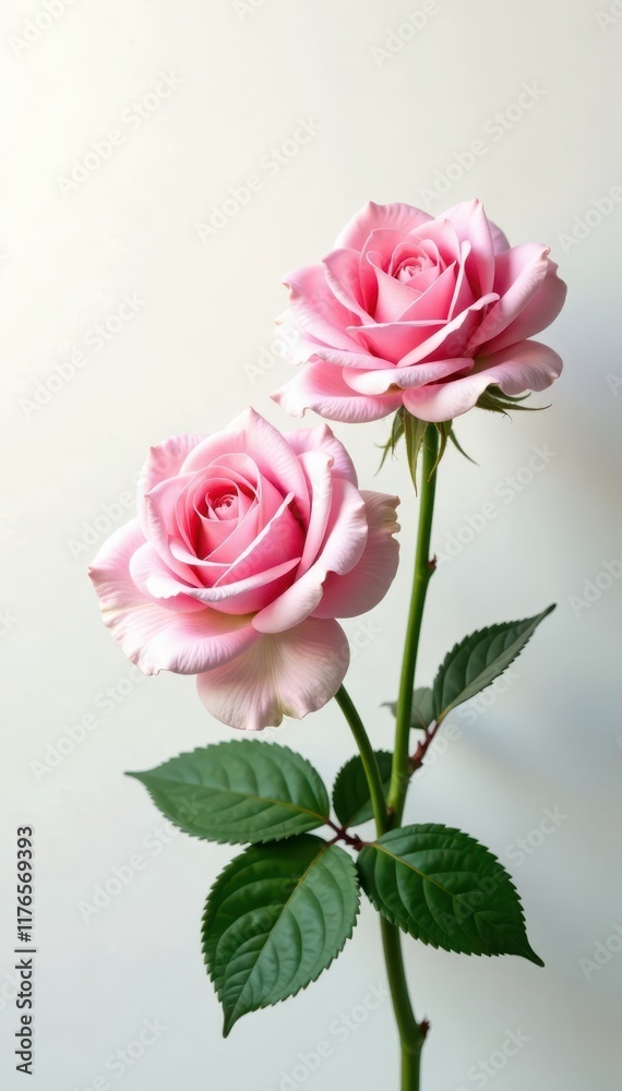 Delicate pink rose blossoms, lush green leaves, pristine white backdrop , petals, blossom