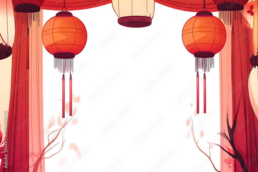 Serene Asian Lantern Decor: Red Festive Hanging Lanterns and Sheer Curtains Serene Asian Lantern Decor: Red Festive Hanging Lanterns and Sheer Curtains