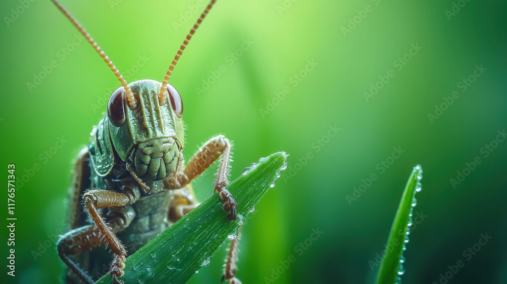Close-Up Macro Photograph of Grasshopper Perched on Leaf with Dew Drops Close-Up Macro Photograph of Grasshopper Perched on Leaf with Dew Drops