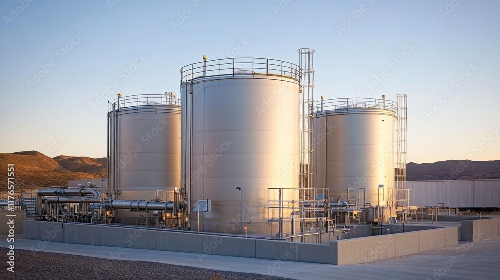 Industrial Plant with Glowing Tanks at Sunset Industrial Plant with Glowing Tanks at Sunset