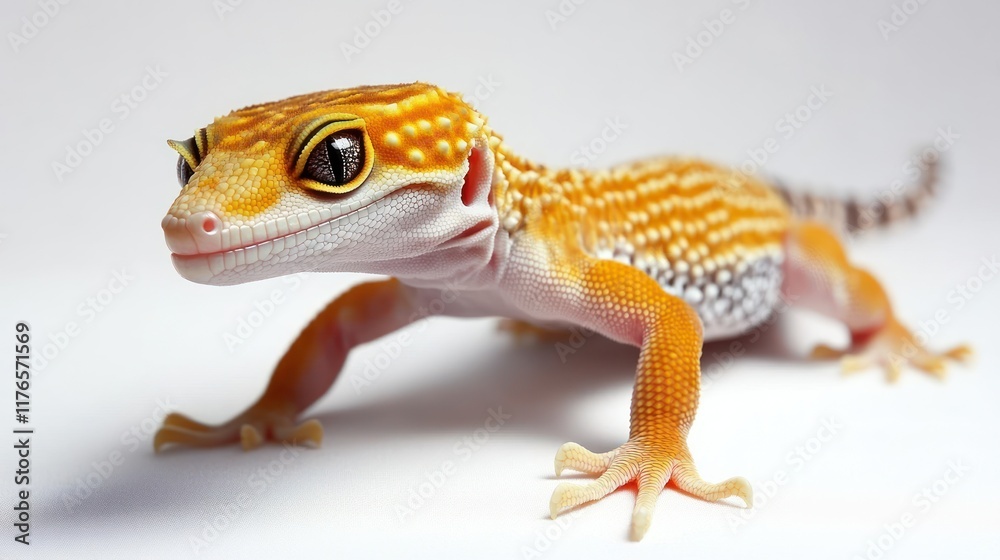 A close-up of a vibrant gecko on a light background. A close-up of a vibrant gecko on a light background.