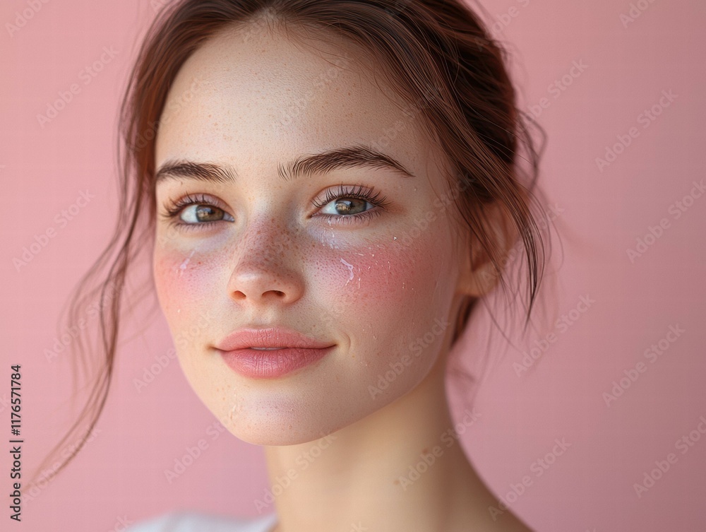 A close-up portrait of a woman with freckles and rosy cheeks. AI. A close-up portrait of a woman with freckles and rosy cheeks. AI.