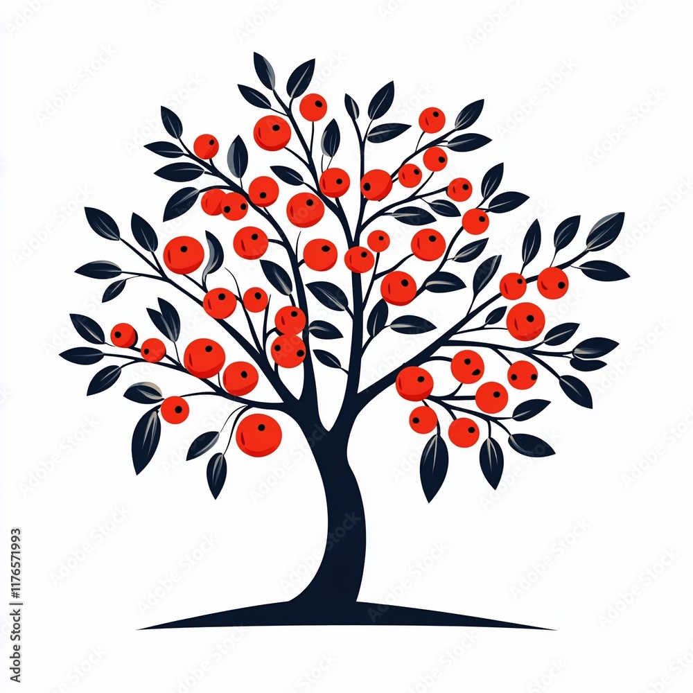 Fototapeta premium Silhouetted fruit tree with vibrant red berries. Dark branches and leaves. Simple, elegant design. Perfect for nature themed graphics..