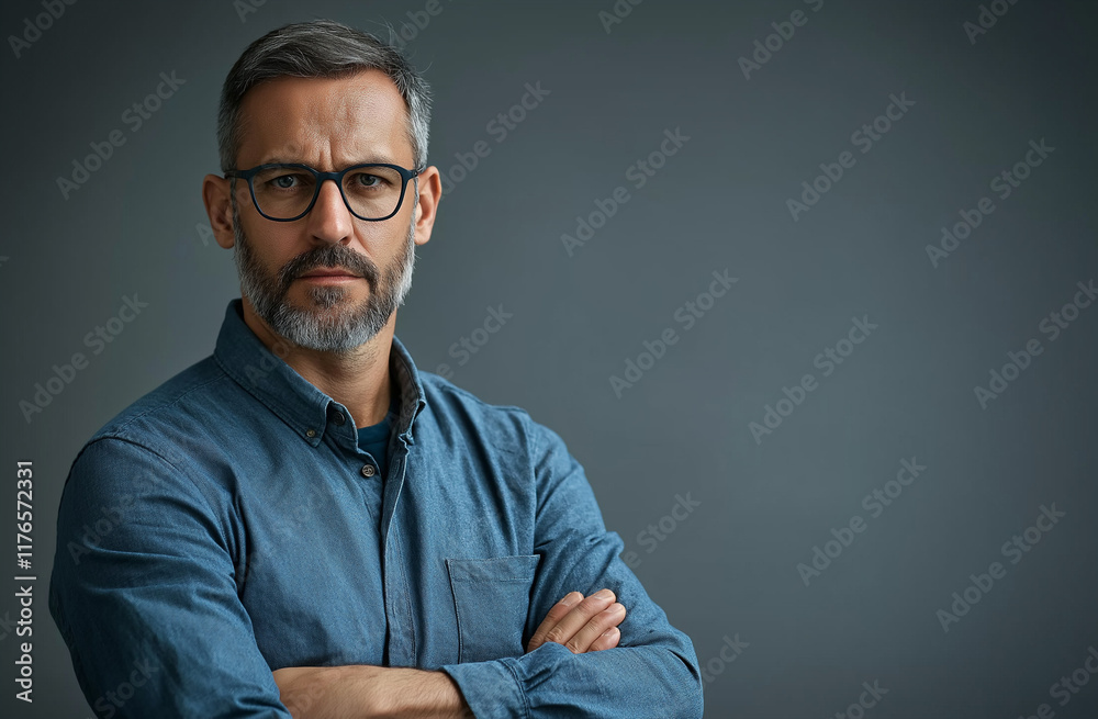 Fototapeta premium Confident stylish man with short hair and beard, wearing glasses and a blue shirt, arms crossed, isolated on white background, casual outfit, professional photo shoot pose