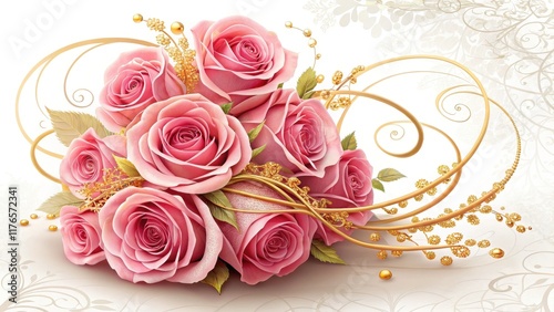 Elegant Pink Roses Entwined with Golden Vines and Decorative Swirls