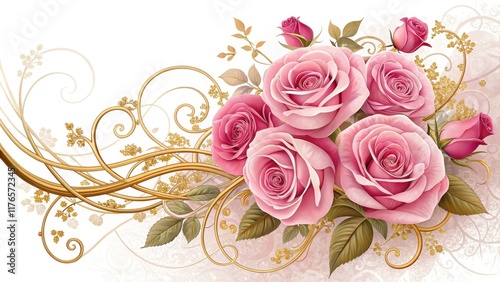 Elegant Pink Roses Entwined with Golden Vines and Floral Accents