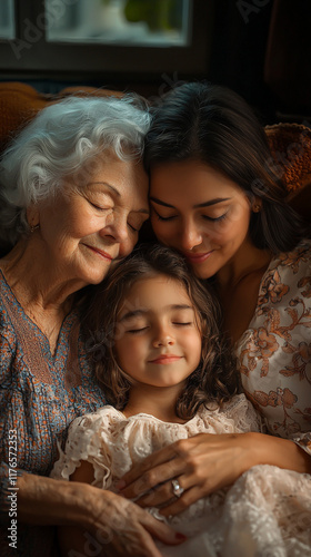 Three Generations of Women Hugging  Close up Portrait