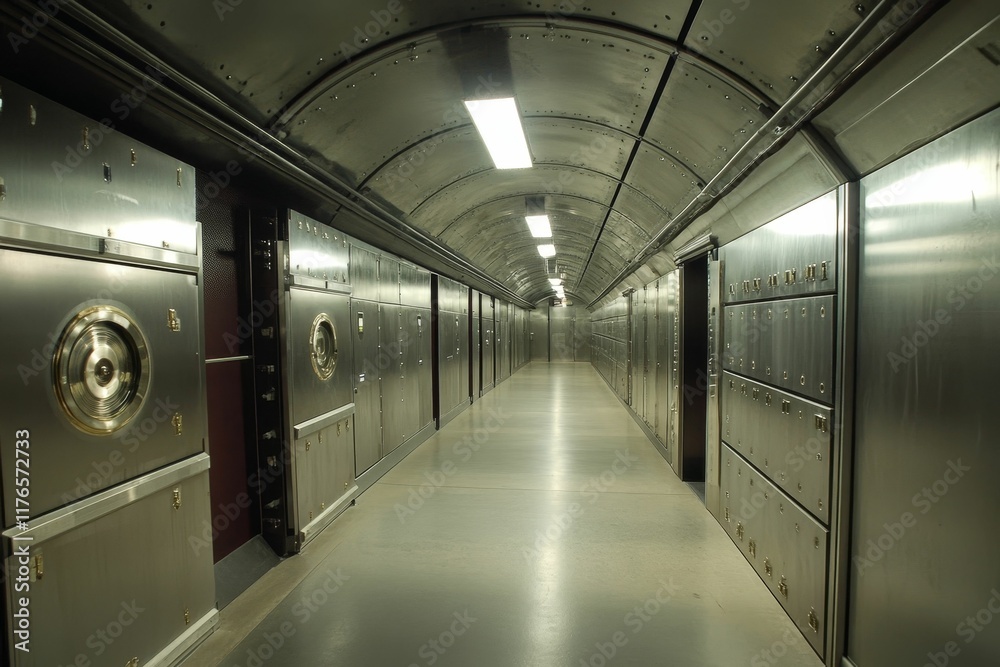 Naklejka premium Metal corridor; arched ceiling; many secured units.